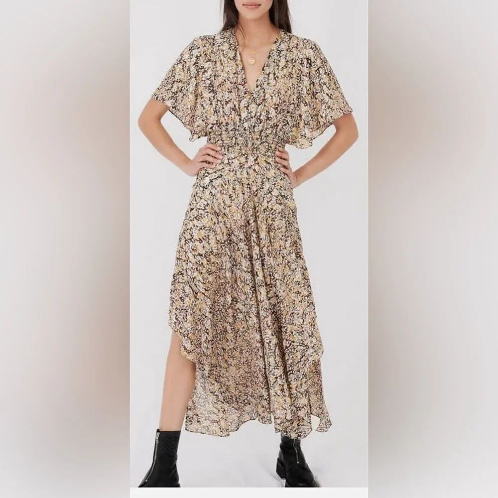 $445 Maje Rachelle Animalier Lurex Floral Print Smocked Dress, US 36, NWOT